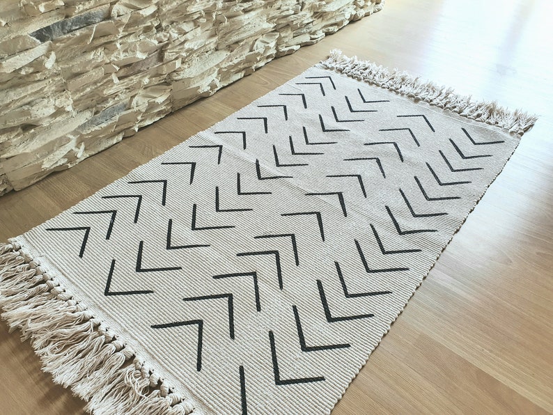 Boho Rug, Mudcloth Rug, Small Area Rug, Black and Cream Rug, Tassels