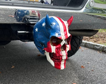 Patriotic skull trailer hitch cover