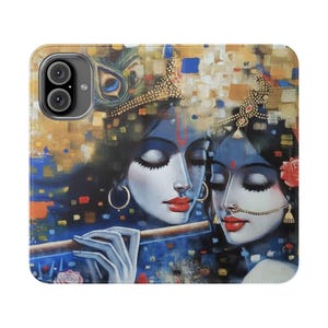 Può includere: Custodia per telefono con un dipinto di due figure con la pelle blu, adornate con gioielli d'oro e labbra rosse. Una figura tiene un flauto. Lo sfondo è un mix di oro, blu e altri colori, creando un tema artistico e spirituale.