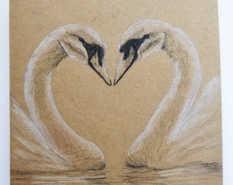 Romantic swan card, Swan Heart Valentines card, Unique Anniversary card, Hand drawn Valentine, Nature gift card, Nature card set Just to say