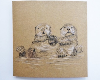 Sweet otters holding hands greetings card, Otter couple hand drawn gift card, Animal Valentines card, Birthday card, Thank you, Note card