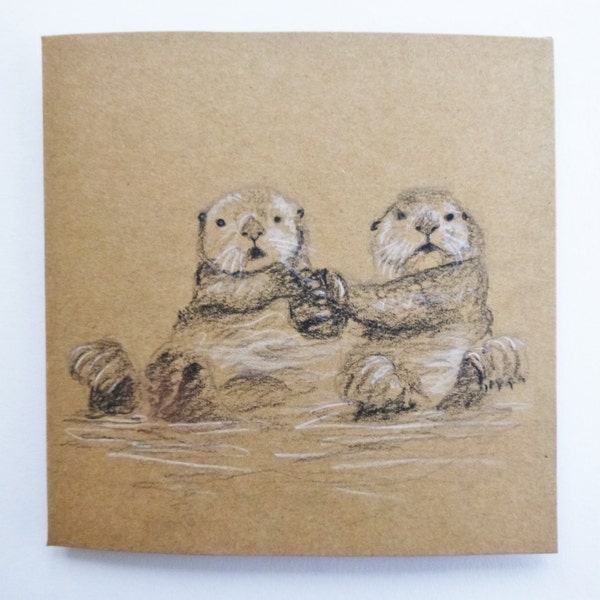 Sweet otters holding hands greetings card, Otter couple hand drawn gift card, Animal Valentines card, Birthday card, Thank you, Note card