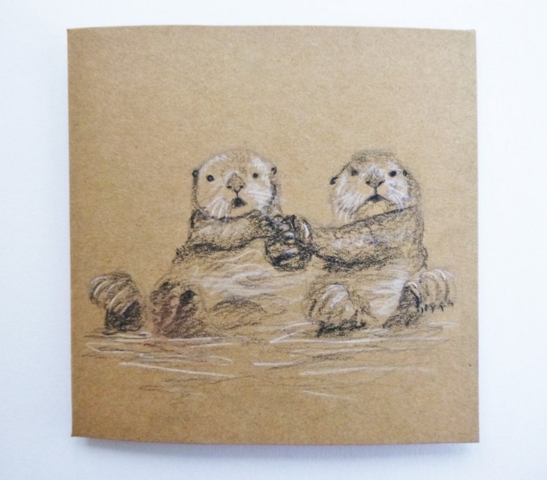 Thank you Otter couple hand drawn gift card Note card Birthday card Sweet otters holding hands greetings card Animal Valentines card