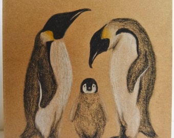 Emperor Penguin, Hand Drawn Gift Card, Xmas Note Card, Cute Christmas Gift, Birthday Card, Nature, blank Christmas, Original Artwork card