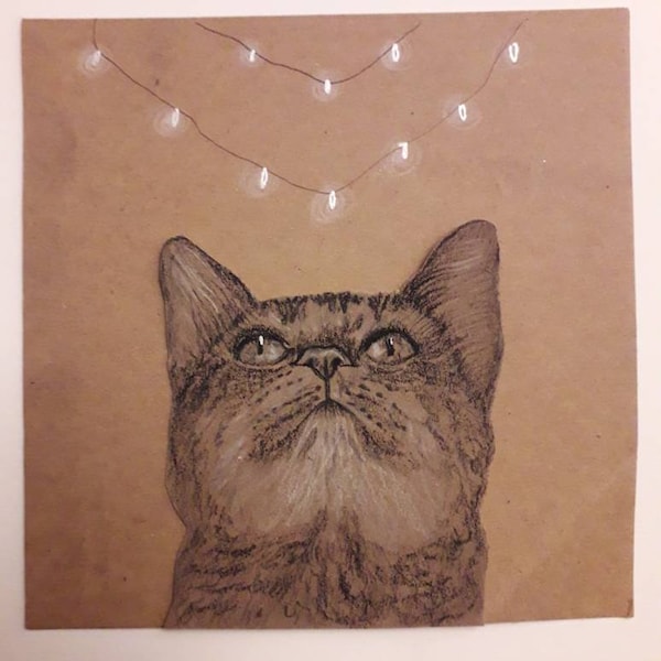 Cute cat Christmas card, hand drawn cat lady gift, Kraft card, Xmas, holiday kitty greeting card, pet owner, animal blank card, original art