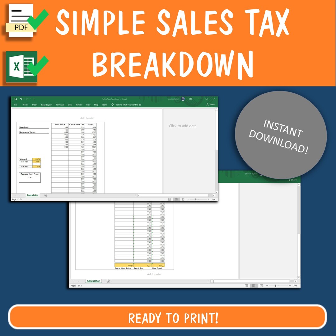 Receipt Sales Tax Breakdown Calculator Excel Spreadsheet Printable PDF Etsy
