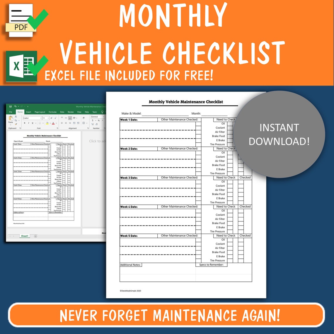 Monthly Car Maintenance Reminder Checklist Printable PDF Excel Etsy