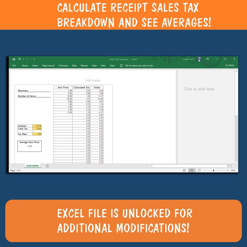 Receipt Sales Tax Breakdown Calculator Excel Spreadsheet Printable PDF Etsy