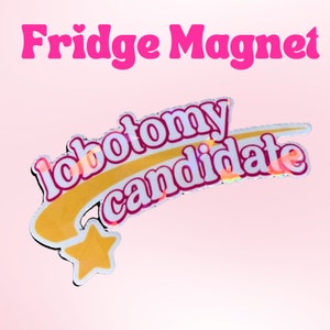 May include: Fridge magnet with a yellow star and a white background with the text "lobotomy candidate" in pink letters.