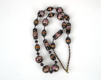 Vintage Murano Venetian Black, Aventurine, Wedding Cake Bead Necklace 1930’s
