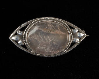 1920s Arts and Crafts Silver and Rose Quartz Brooch.