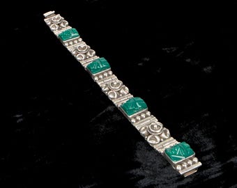 Vintage 1940s Mexican Silver and Green Onyx Bracelet.
