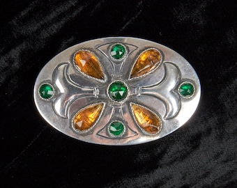 Large Danish Silver Brooch Decorated with Glass Cabochons 1920
