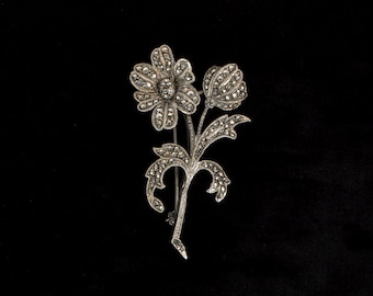 Vintage Silver and Marcasite Flower Brooch 1950s