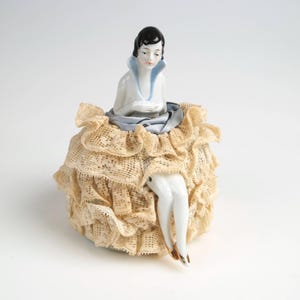 Vintage Art Deco Porcelain Half Doll Pin Cushion with Blue Ribbon  Sash 1930’s