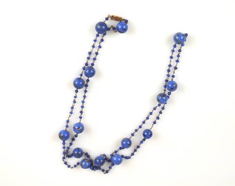 Pretty  Bohemian Blue Glass Bead Long Flapper Necklace 1920-30s. 