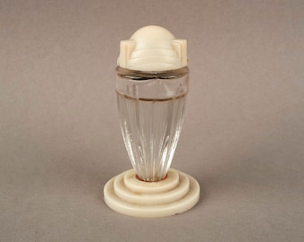 Flacone di profumo vintage Art Déco degli anni '20-'30 in celluloide e vetro.
