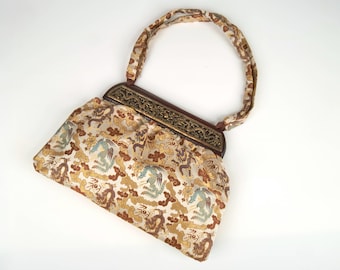 Antique 1920-30’s Chinese dragon wood, gilt metal frame and silk handbag.