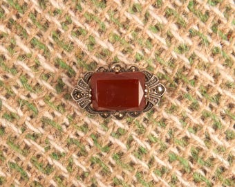 Art Deco Silver, Marcasite and Carnelian Brooch 1930.