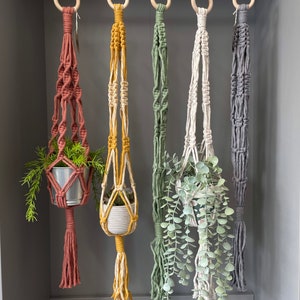 May include: Five macrame plant hangers in different colours, including red, yellow, green, white, and grey. Each hanger has a wooden ring at the top and a tassel at the bottom. The hangers are hanging from a shelf and have plants in them.
