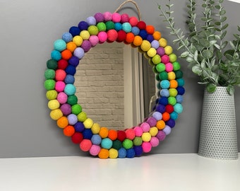 Circular Hanging Pom Pom mirror, rainbow pom Poms, playroom decor.