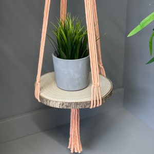 May include: A peach-coloured macrame plant hanger with a wooden round shelf and a small potted plant.