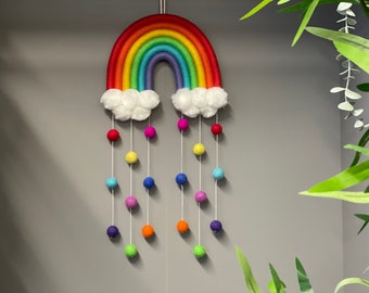 Macrame rainbow, rainbow wall hanging, nursery decor, Pom Poms, clouds, playroom decor.
