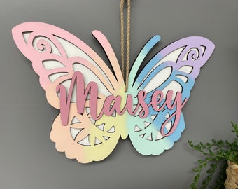 Layered butterfly name plaque, wooden butterfly sign, new baby gift, Christening gift, bedroom decor, door sign.