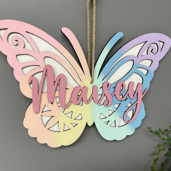 Layered butterfly name plaque, wooden butterfly sign, new baby gift, Christening gift, bedroom decor, door sign.