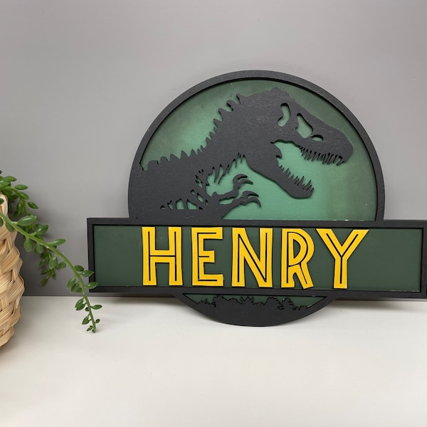 Dinosaur name plaque, bedroom decor, wooden door sign
