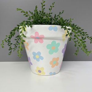 May include: A white ceramic flower pot with pastel coloured flowers painted on it. A green succulent plant is growing in the pot.