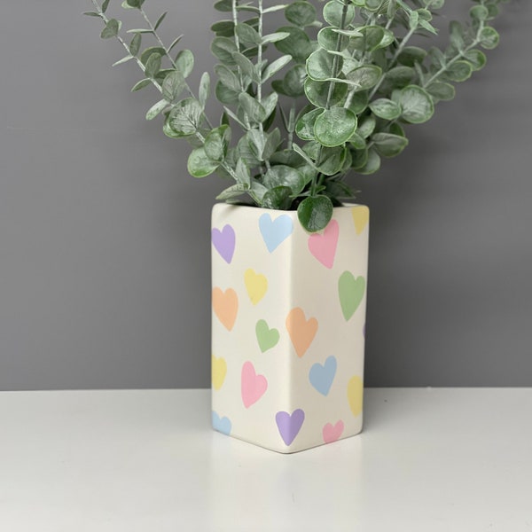 Hand painted ceramic pastel hearts vase, pastel rainbow, valentines gift, Mother’s Day.