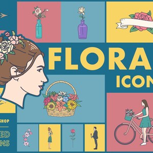 Colored Floral Icons, Floral Clipart, Flower Icons, Plant Icons, Romantic Icons, Wedding Icons, Floral Banners, Floral Borders, Vintage