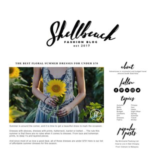 May include: A blog post titled "Shellbeach Fashion Blog" with the text "The Best Floral Summer Dresses for Under $70." The image features a person holding a sunflower in a field of sunflowers, wearing a blue dress.