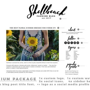 May include: Shellbeach Fashion Blog est. 2017. The image features a woman holding a sunflower in a field. Text includes "THE BEST FLORAL SUMMER DRESSES FOR UNDER $70" and social media icons. The blog's theme is fashion.