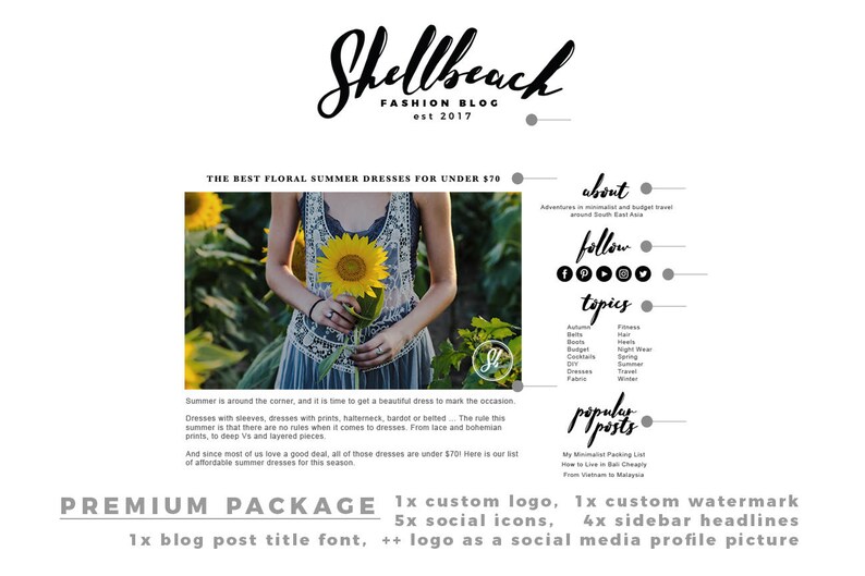 May include: Shellbeach Fashion Blog est. 2017. The image features a woman holding a sunflower in a field. Text includes "THE BEST FLORAL SUMMER DRESSES FOR UNDER $70" and social media icons. The blog's theme is fashion.