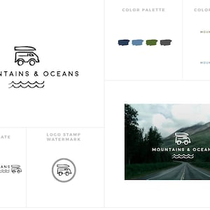 Puede incluir: Un diseño de logotipo con una furgoneta camper con una tabla de surf, el texto "MOUNTAINS & OCEANS" y líneas onduladas. La imagen incluye opciones de paleta de colores, variaciones y una marca de agua de sello de logotipo.