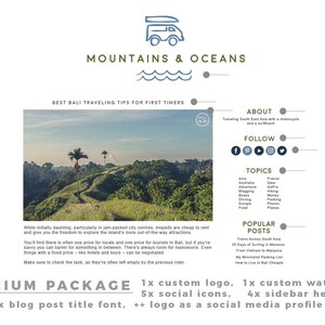 May include: Website design featuring a scenic landscape with palm trees and a winding path. The site's theme is "Mountains & Oceans" and offers travel tips for Bali. Includes social media icons and a "Premium Package" offer.