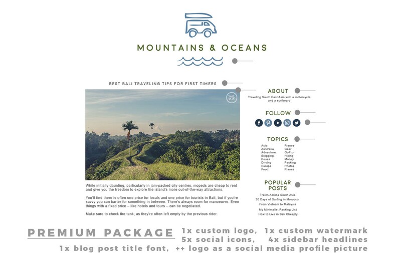 May include: Website design featuring a scenic landscape with palm trees and a winding path. The site's theme is "Mountains & Oceans" and offers travel tips for Bali. Includes social media icons and a "Premium Package" offer.