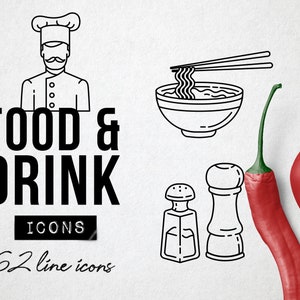 Food Icons, Drink Icons, Food Clipart, Food Illustrations Graphics, Food Symbols, Restaurant Kitchen Icons, Cooking Food Blog Icons Branding