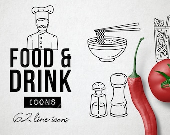 Food Icons, Drink Icons, Food Clipart, Food Illustrations Graphics, Food Symbols, Restaurant Kitchen Icons, Cooking Food Blog Icons Branding
