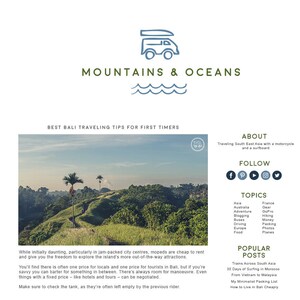 May include: A webpage titled "Mountains & Oceans" with a logo of a camper van and waves. The page features an article on Bali travel tips, with a scenic photo of a green landscape and palm trees.