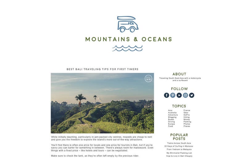 May include: A webpage titled "Mountains & Oceans" with a logo of a camper van and waves. The page features an article on Bali travel tips, with a scenic photo of a green landscape and palm trees.