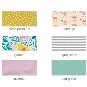 May include: A collection of fabric swatches in various patterns and colours, including citron polka dot, flamingo, garden, grey stripe, lavender, and sea green.