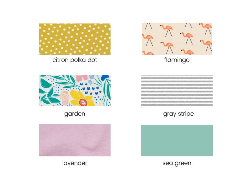 May include: A collection of fabric swatches in various patterns and colours, including citron polka dot, flamingo, garden, grey stripe, lavender, and sea green.