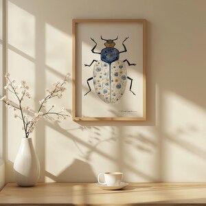 Beetle Watercolor Print Blue Floral Beetle Hand painted Watercolor Art Floral Watercolor Print Beetle Art Floral Wall Art Beetle for Nursery