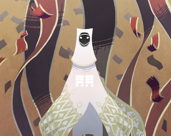 May include: A white figure with a hooded cloak and a patterned robe stands in front of a brown background with swirling, colorful fabric. The figure has a white mask with black eyes and a white symbol on its chest.