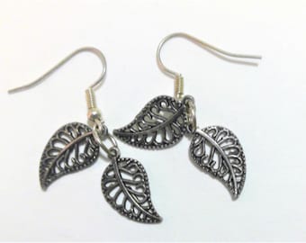 Silver Double Leaf Dangle Earrings