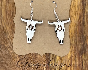 Cow skull earrings, cow skull jewelry, western jewelry, skull earrings, Aztec cow skull, Aztec jewelry, boho Aztec jewelry, boho earrings