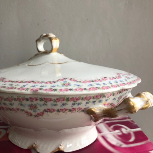 Early 1900s French J Pouyat Limoges tureen - hand-painted, shops floral decor, traditional decor, grandmillennial, antique